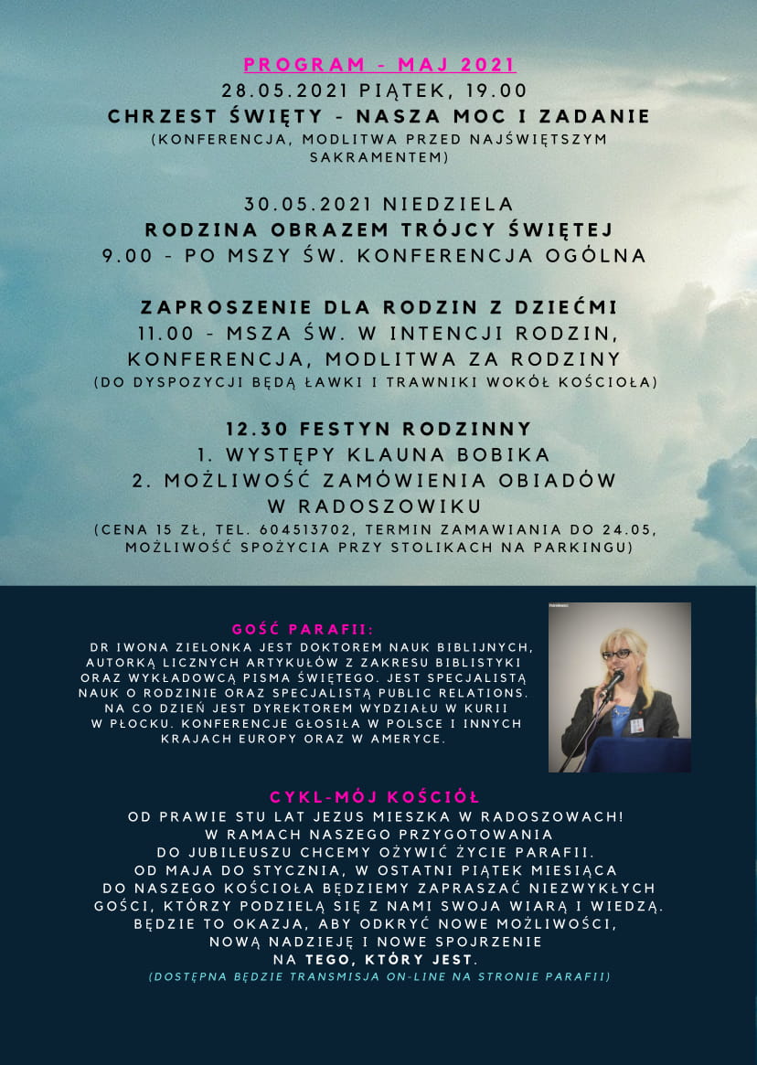 Od prawie stu lat Jezus mieszka w Radoszowach! W ramach naszego przygotowania do jubileuszu chcemy ożywić życie parafii. Od maja do stycznia, co miesiąc, w ostatni piątek miesiąca do naszego kościoła będziemy zapraszać niezwykłych gości, którzy podzielą się z nami swoja wiarą i wiedzą. Będzie to okazja, aby odkryć nowe możliwości, nową nadzieję i nowe spojrzenie na Tego, Który Jest.  Zaprasza ks. proboszcz Roman Dobosiewicz 